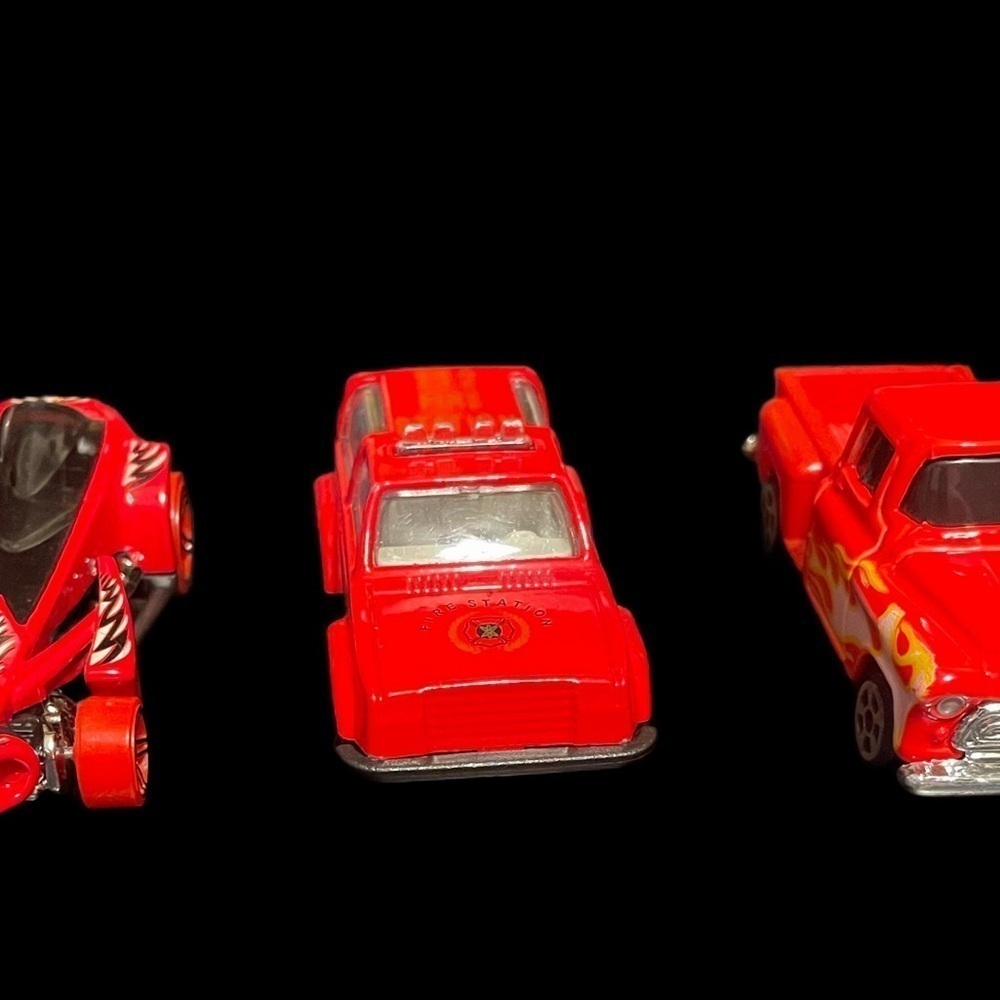 Hot wheels red set of 3 cars Chevy fire truck race car toy cars 1957 Chevrolet - Picture 3 of 15